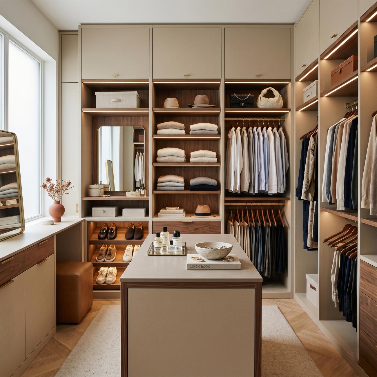 Warm walnut dressing room with center island and leather seat