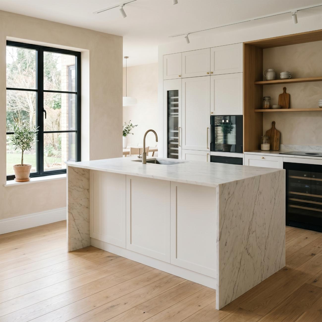 Cream shaker kitchen with marble island and oak pantry niche