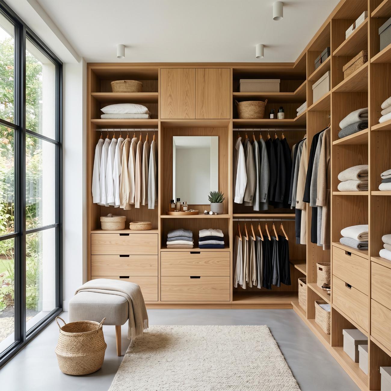 Light oak walk-in closet with open shelving and garden view