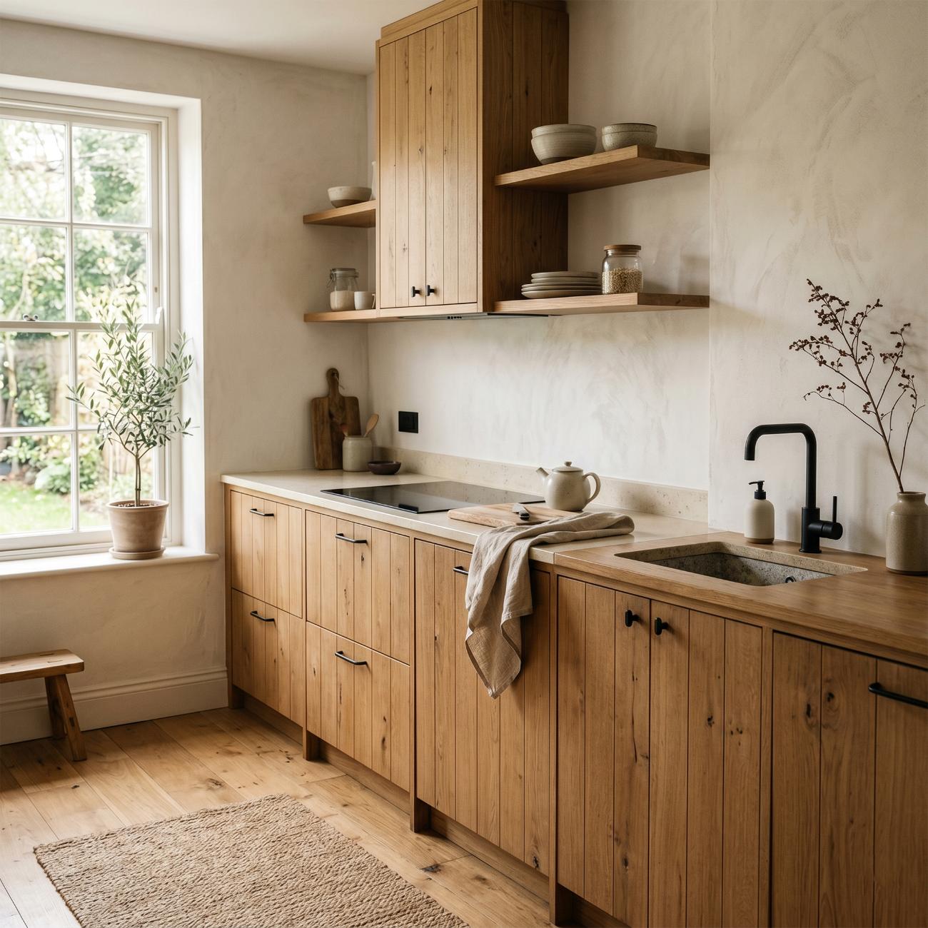 White oak galley kitchen with open shelving and plaster walls