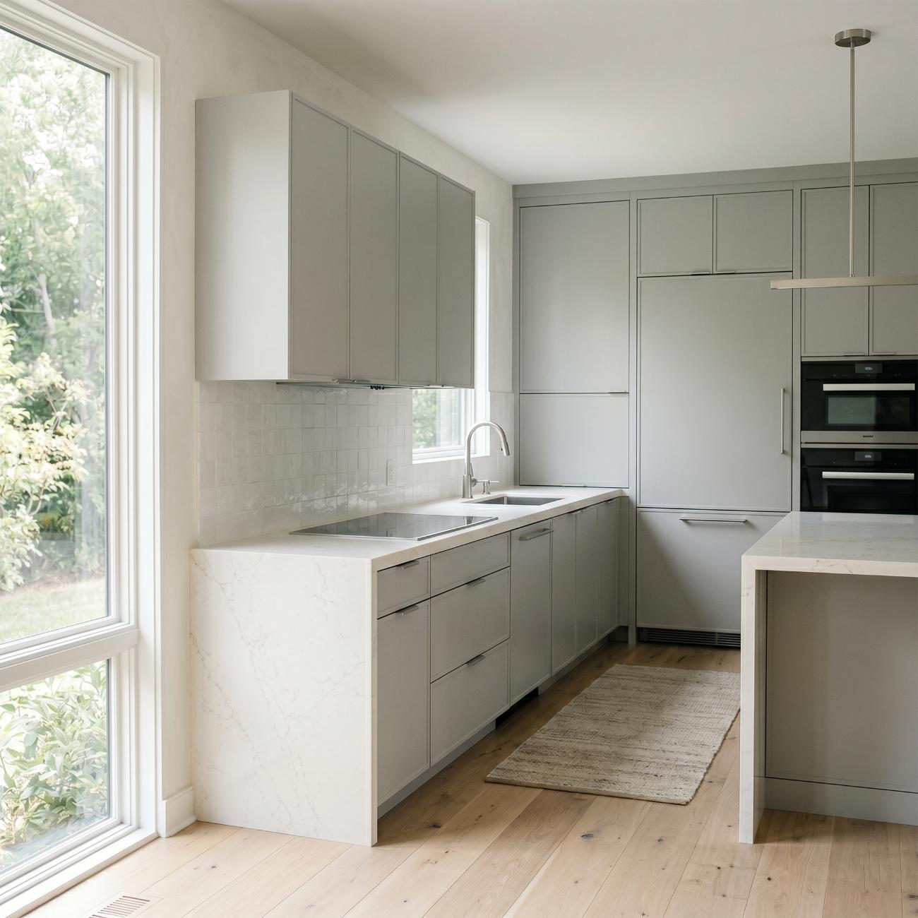 Soft sage minimalist kitchen with handleless cabinetry