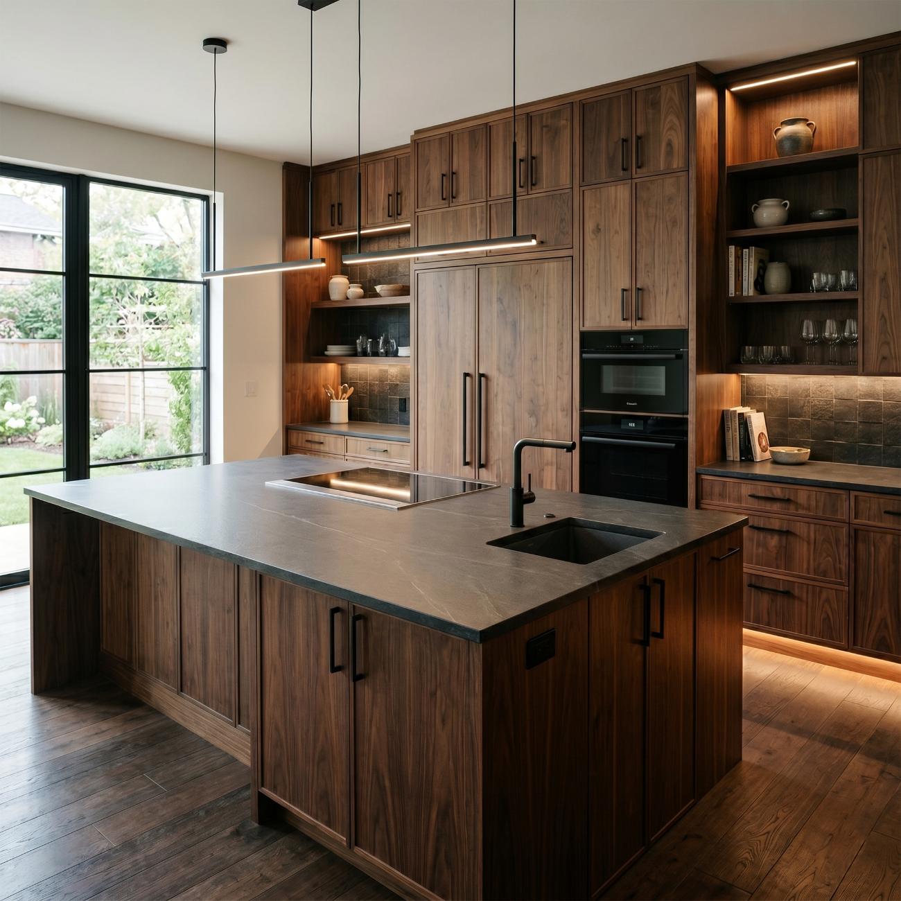 Full walnut kitchen with integrated lighting and slate counters