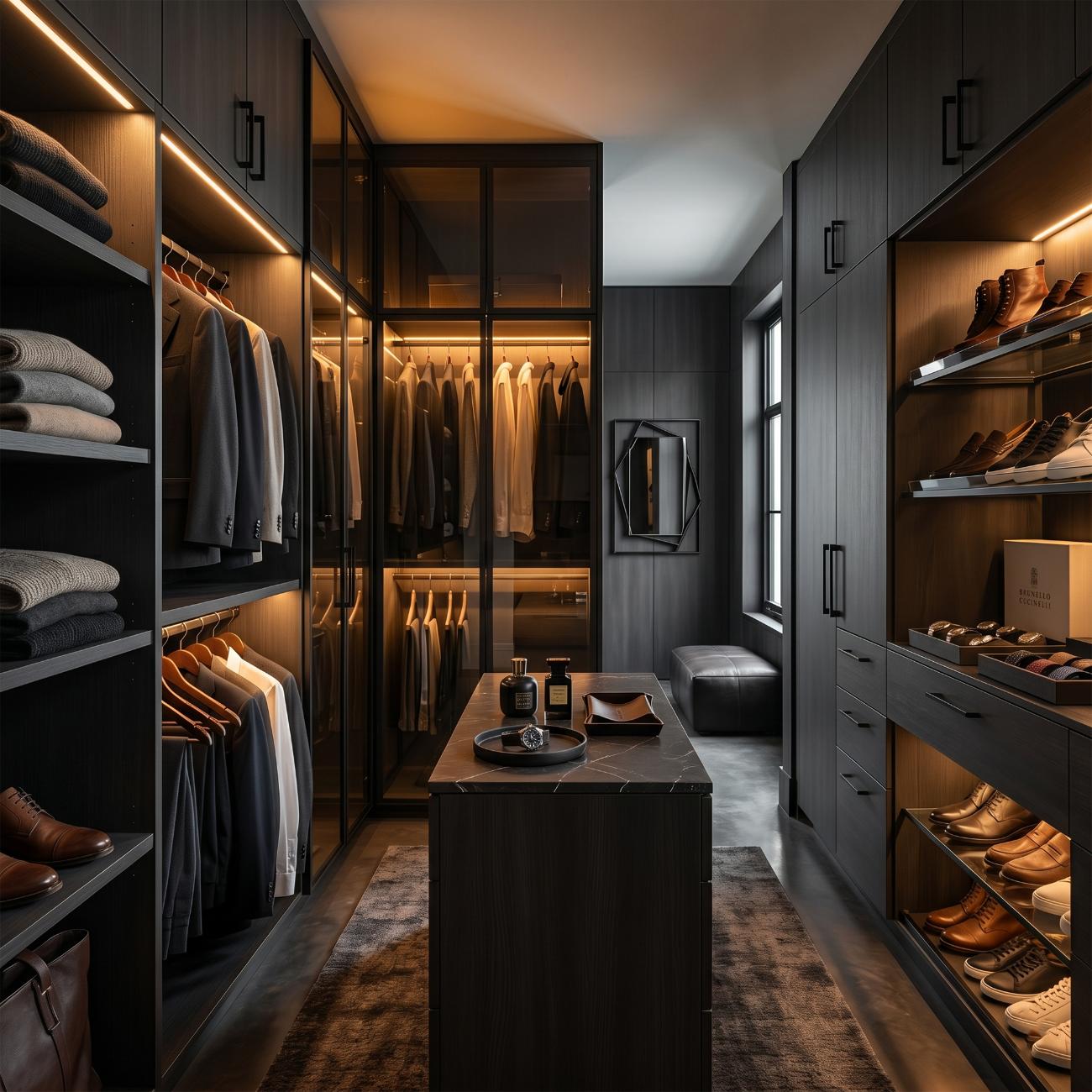 Dark wardrobe with glass-front cabinetry and integrated lighting
