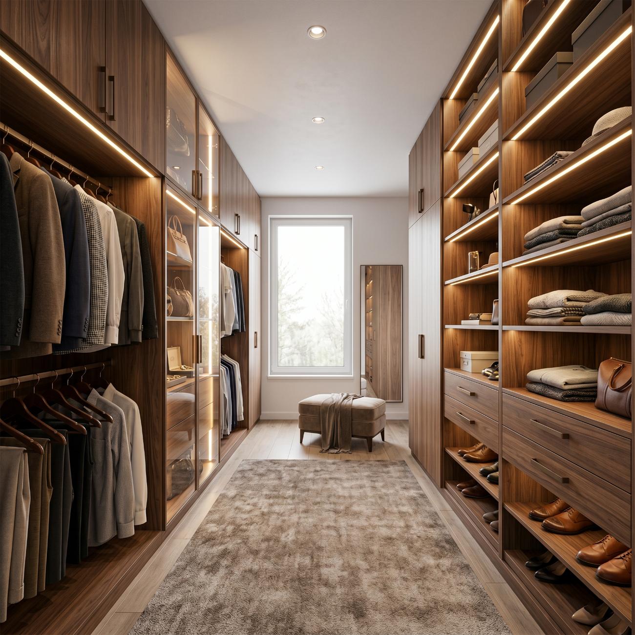 Walnut his-and-hers walk-in with backlit shelves and shoe display