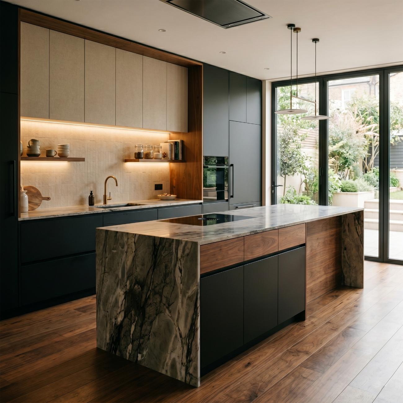 Walnut and linen kitchen with sculptural stone island
